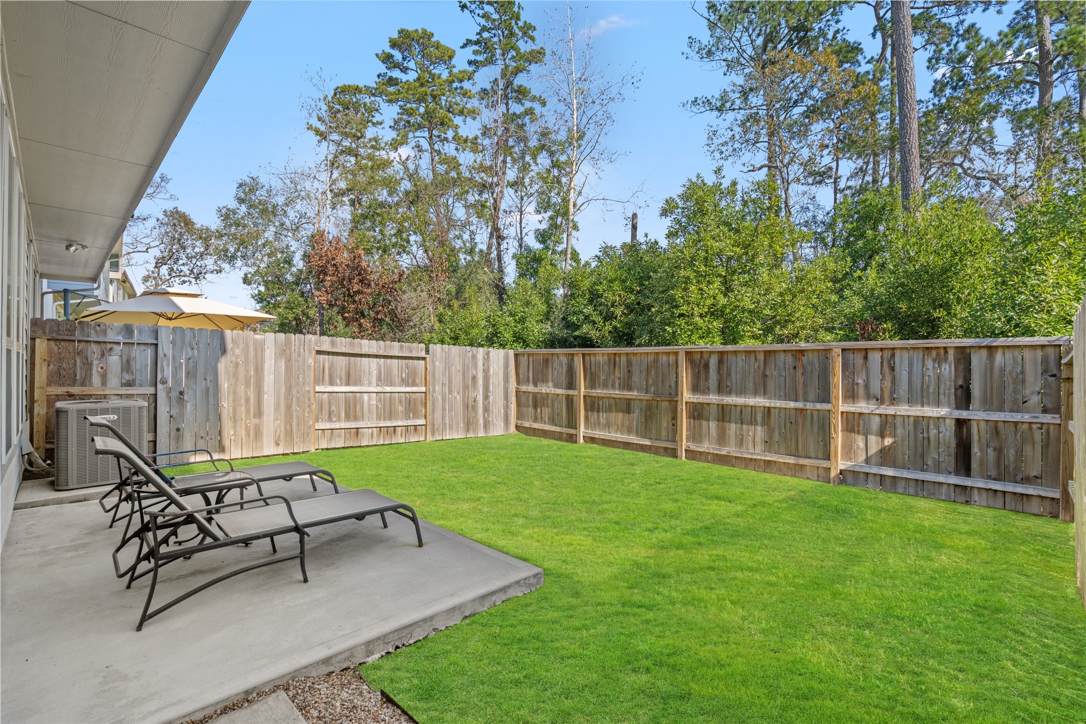 575 Dry Fork Lane Conroe, TX 77304 - Photo 28 of 34 Fenced backyard featuring a large patio and peaceful greenbelt views with mature trees.