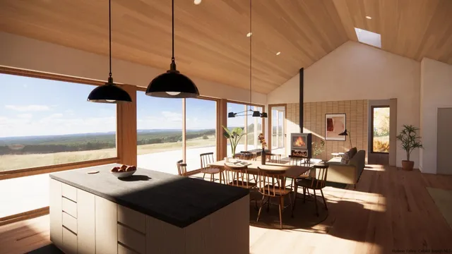 a kitchen with counter space a sink and living room view