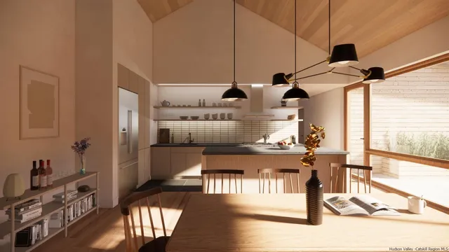 a view of kitchen and living room with wooden floor