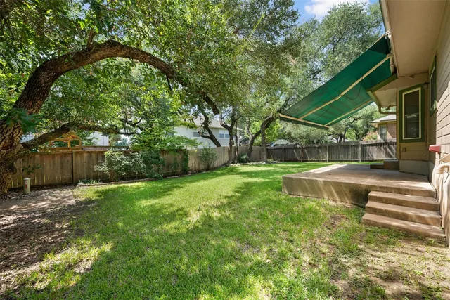 a view of a backyard with a large tree