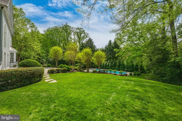 a view of a grassy field with trees in the background