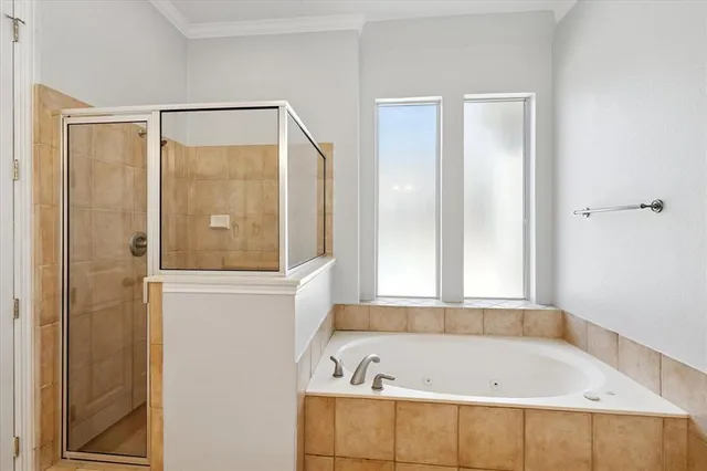 a bathroom with a bathtub and a shower