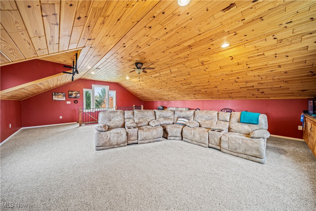 4804 Guest Road Jefferson, OH 44047 - Photo 25 of 48 Cinema room with carpet floors, lofted ceiling, and wood ceiling