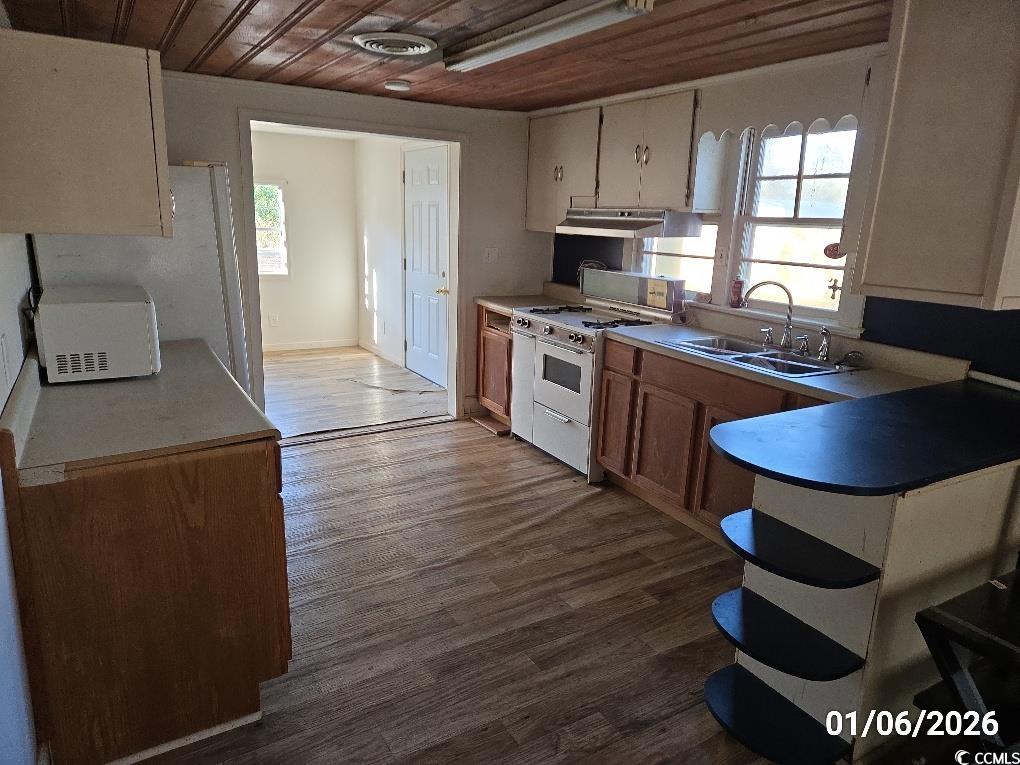 1341 Allison Landing Road Johnsonville, SC 29555 - Photo 21 of 27 Kitchen with wood ceiling, white appliances, dark wood finished floors, light countertops, and under cabinet range hood