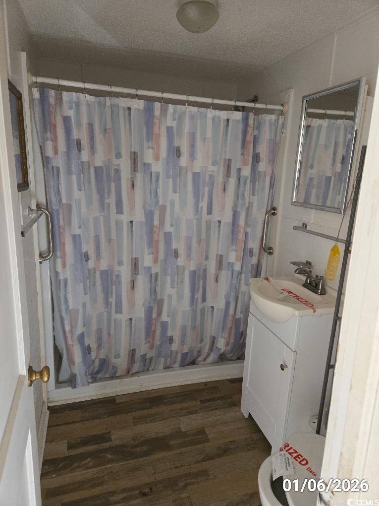 1341 Allison Landing Road Johnsonville, SC 29555 - Photo 27 of 27 Bathroom featuring vanity, a stall shower, a textured ceiling, and dark wood-style flooring