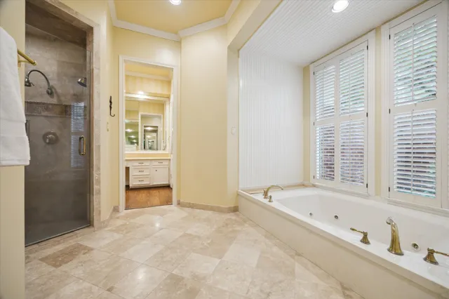 a bathroom with a bathtub and a shower