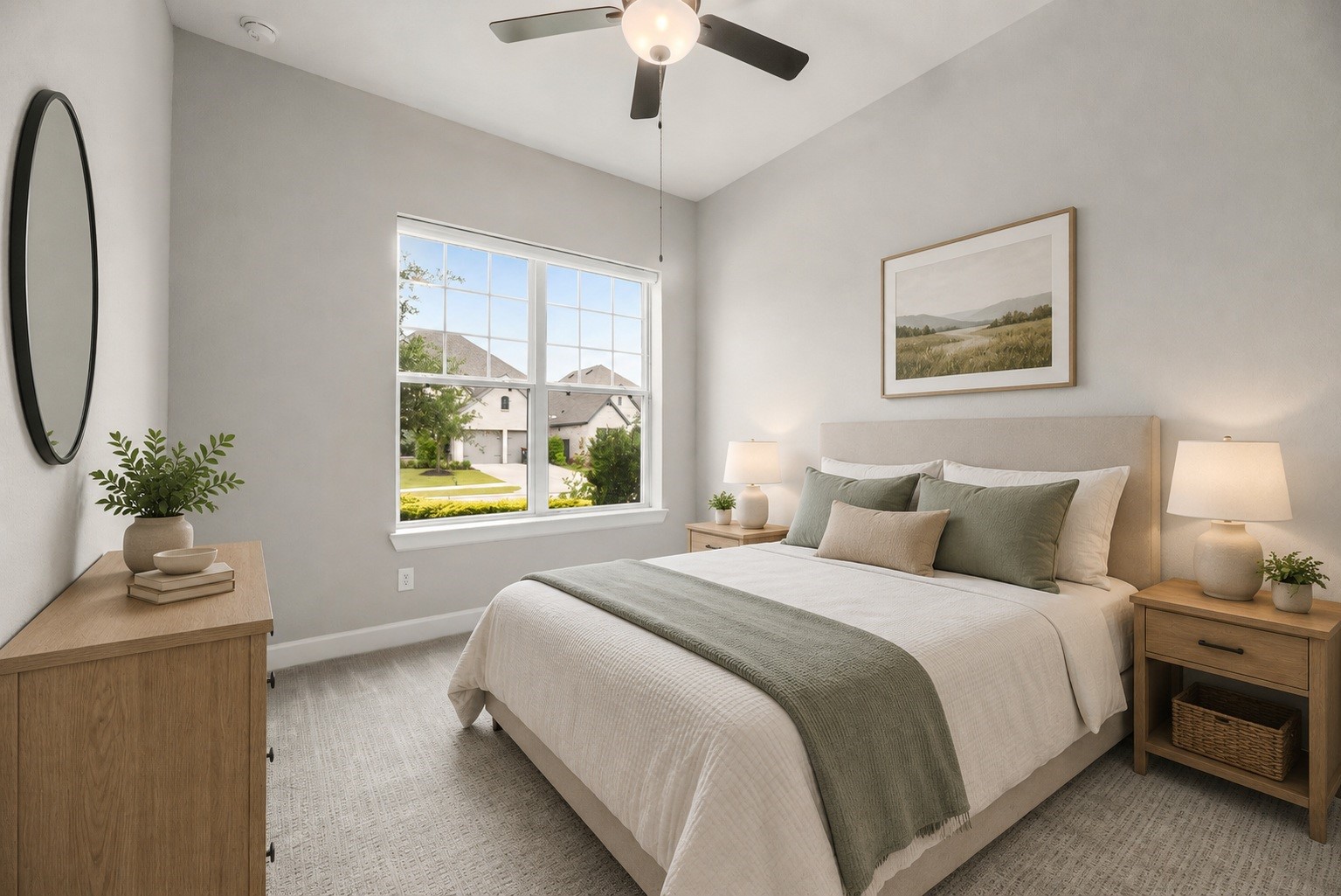 3438 Rich Radish Road Richmond, TX 77406 - Photo 13 of 25 One of the spacious secondary bedrooms, detailed with a modern Kichler ceiling fan, plush patterned carpet, soft contemporary walls, and a large multi-lite window overlooking the front landscape. Virtually staged.