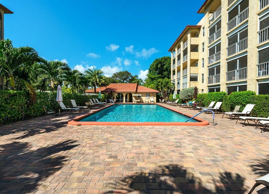 951 De Soto Road, Unit 233 Boca Raton, FL 33432 - Photo 35 of 41 a view of pool with lawn chairs and palm trees