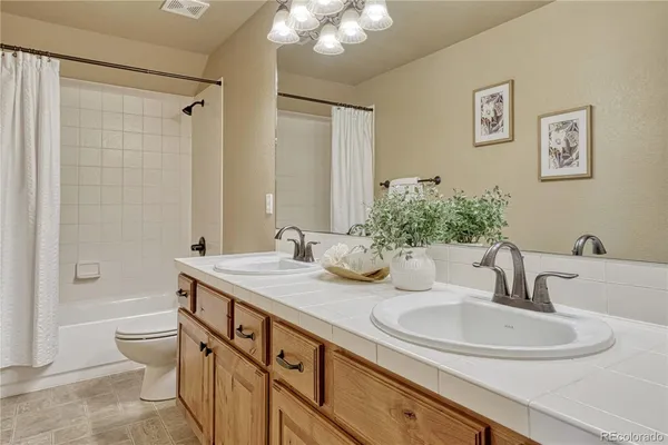 a bathroom with a granite countertop sink a toilet a mirror and shower