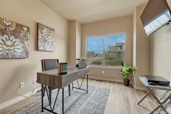 a living room with furniture a potted plant and a table