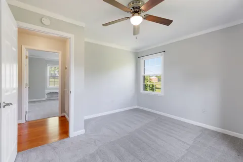 a bedroom with a bed and potted plant on the counter