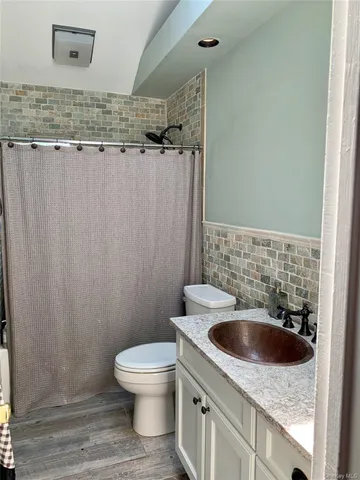 a bathroom with a sink a toilet and shower