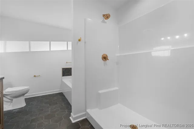 a bathroom with a shower and a toilet