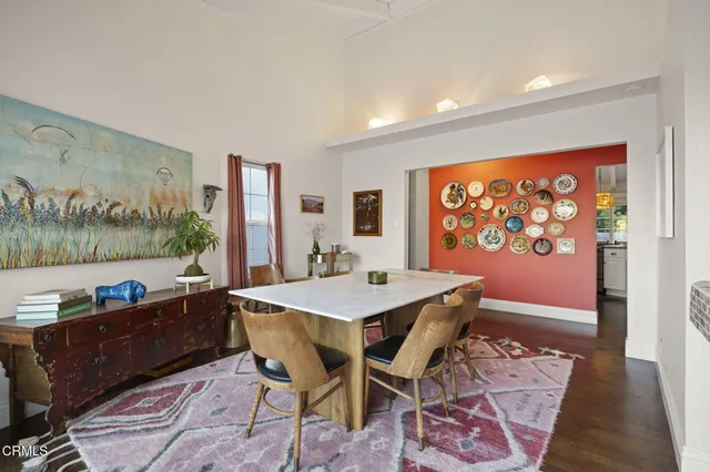 a view of a dining room with furniture