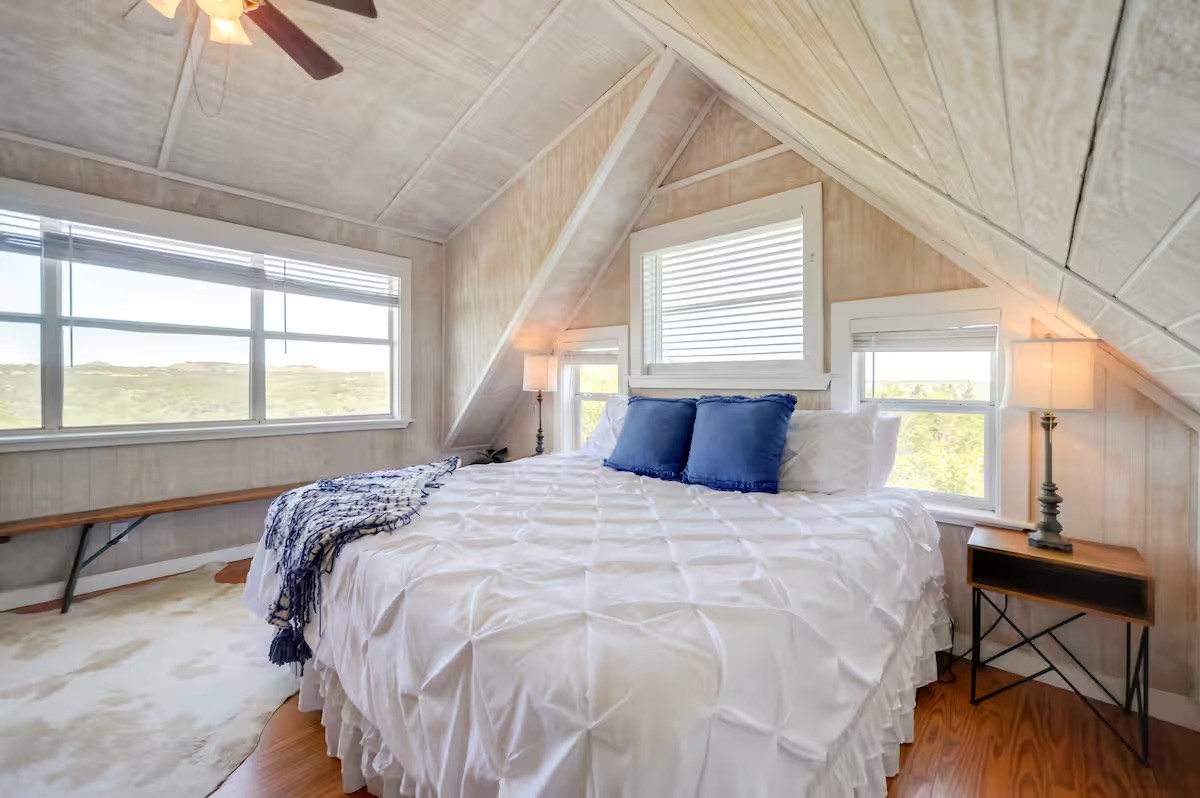 17 September Ridge Johnson City, TX 78636 - Photo 14 of 40 Bedroom featuring vaulted ceiling, wooden ceiling, and ceiling fan