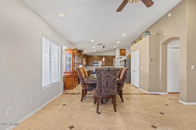 a view of a dining room with furniture