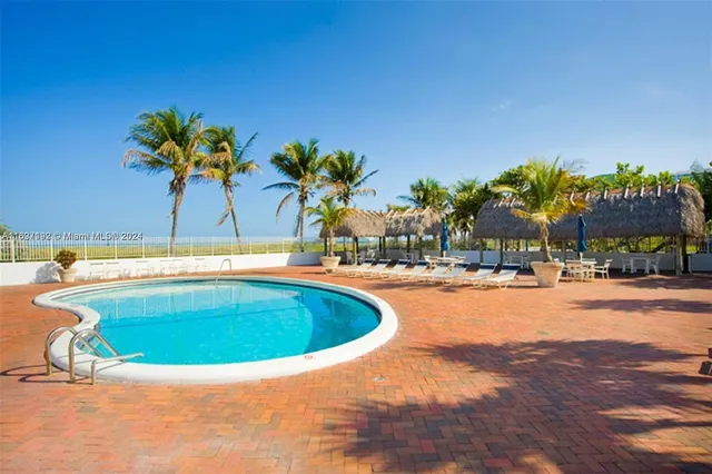 a view of swimming pool with outdoor seating and a potted plants