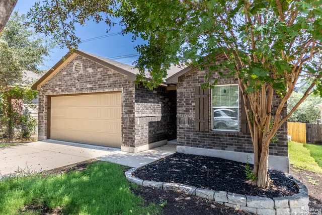a view of a house with a small yard and a tree