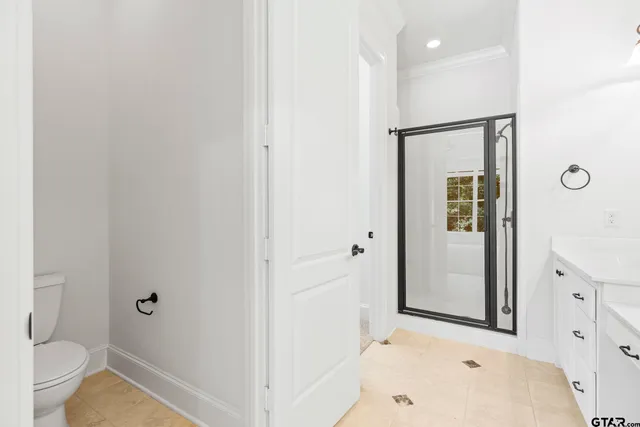 a bathroom with a granite countertop sink mirror vanity and toilet