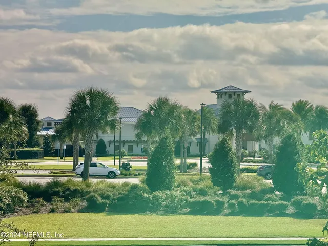a view of a park with large trees