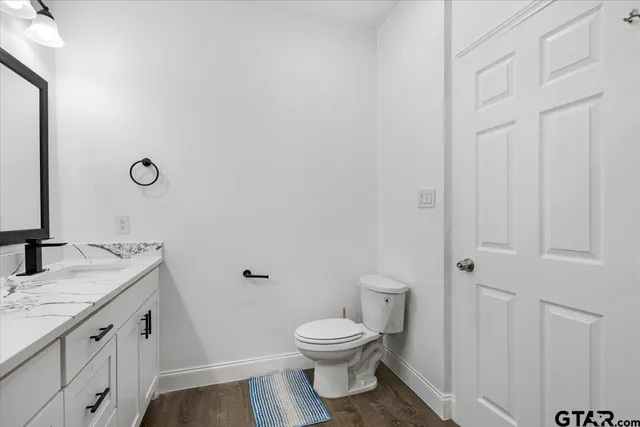 a bathroom with a granite countertop toilet a sink and a mirror