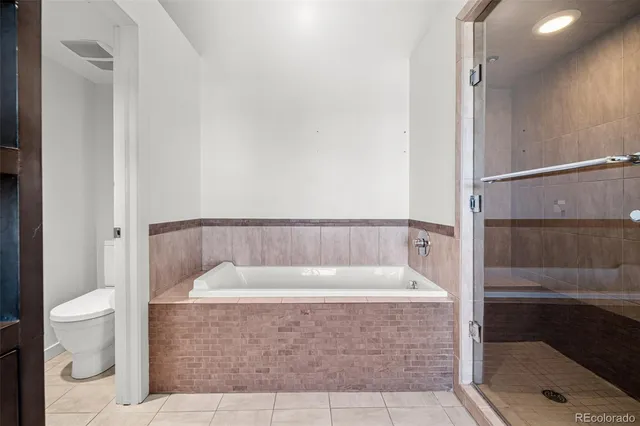 a bathroom with a bathtub and a toilet