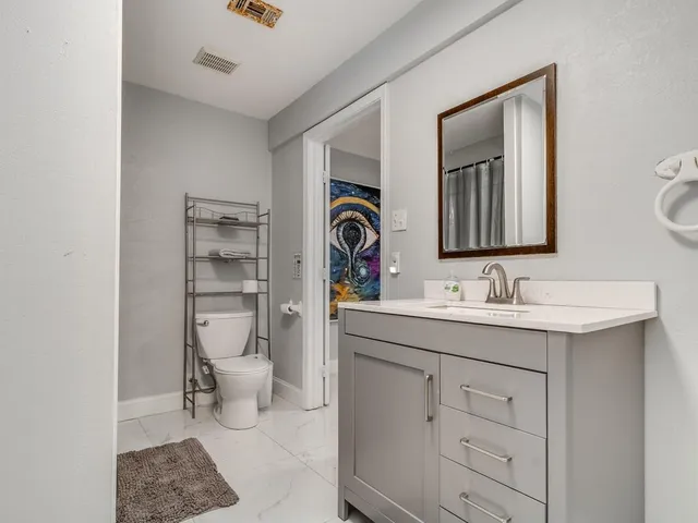 a bathroom with a sink a toilet and a mirror