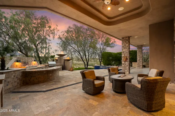 a view of a terrace with a fireplace