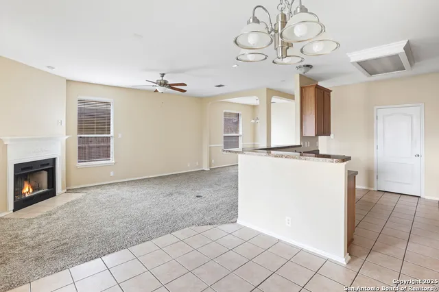 a view of a kitchen with cabinets and a fireplace
