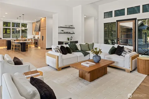 a living room with furniture and floor to ceiling window