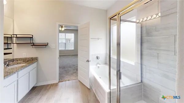 a bathroom with a shower and a sink