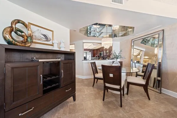 a view of a dining room with furniture