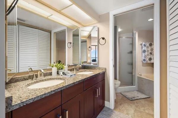 a bathroom with a granite countertop sink and a mirror