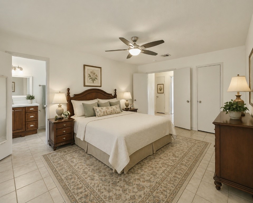 619 Pinewood Drive Conroe, TX 77385 - Photo 31 of 44 a bedroom with a bed and a chandelier