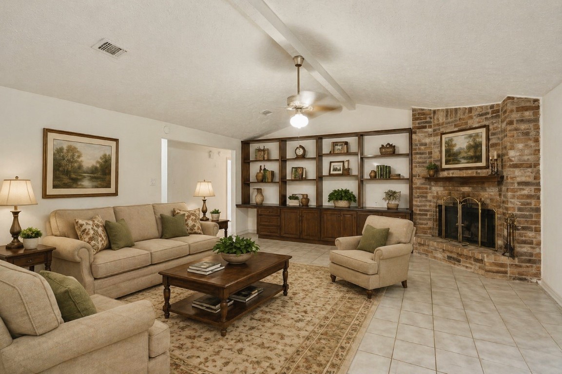 619 Pinewood Drive Conroe, TX 77385 - Photo 10 of 44 a living room with furniture a fireplace and a flat screen tv