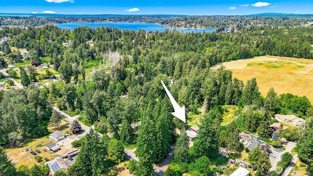 a view of a yard with an umbrella and more windows