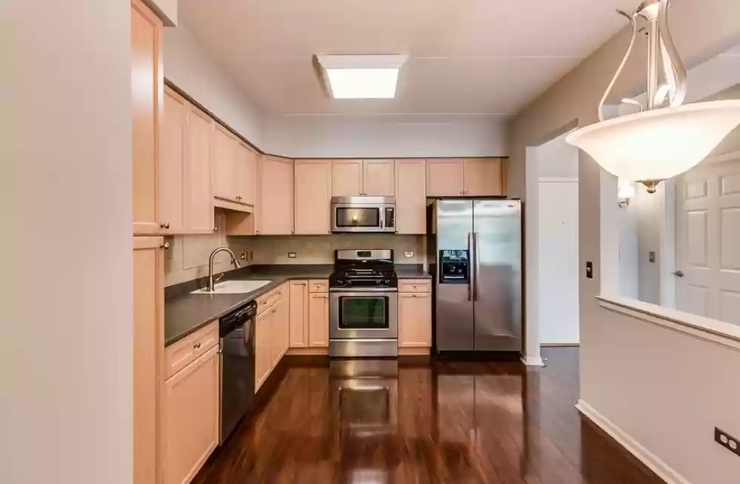 133 West Palatine Road, Unit 102 Palatine, IL 60067 - Photo 10 of 21 a kitchen with stainless steel appliances granite countertop a refrigerator a stove a sink and a microwave