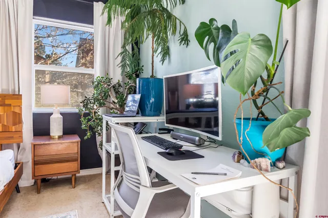 a view of a workspace with furniture and a potted plant