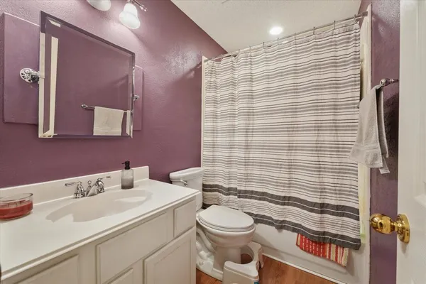 a bathroom with a sink a toilet and shower curtain