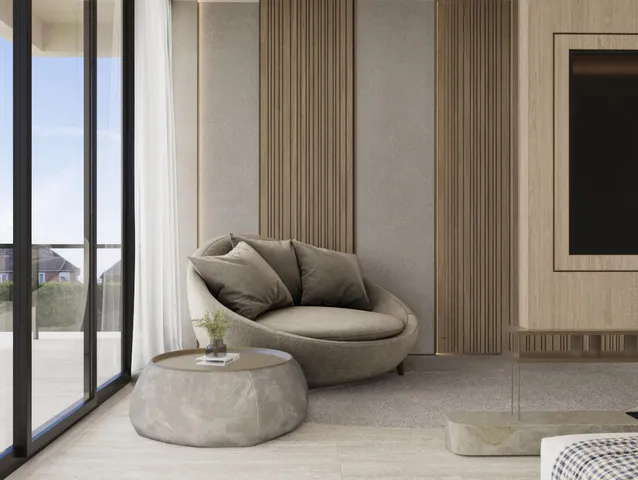 a living room with furniture and a floor to ceiling window