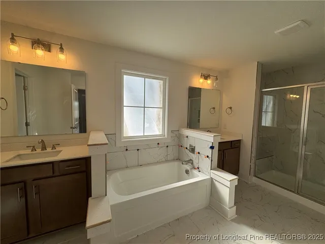 a bathroom with a bathtub sink mirror vanity and toilet