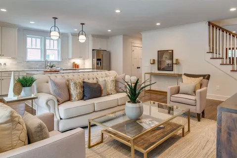a living room with furniture potted plant and a window