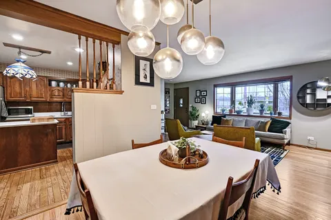 a view of a dining room and furniture