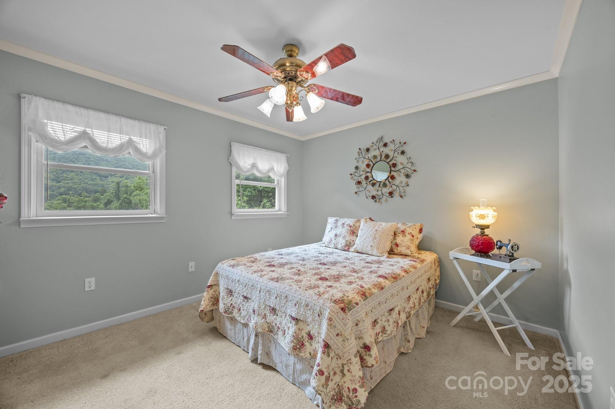 235 Kinder Lane Canton, NC 28716 - Photo 29 of 48 a bedroom with a bed and a chandelier