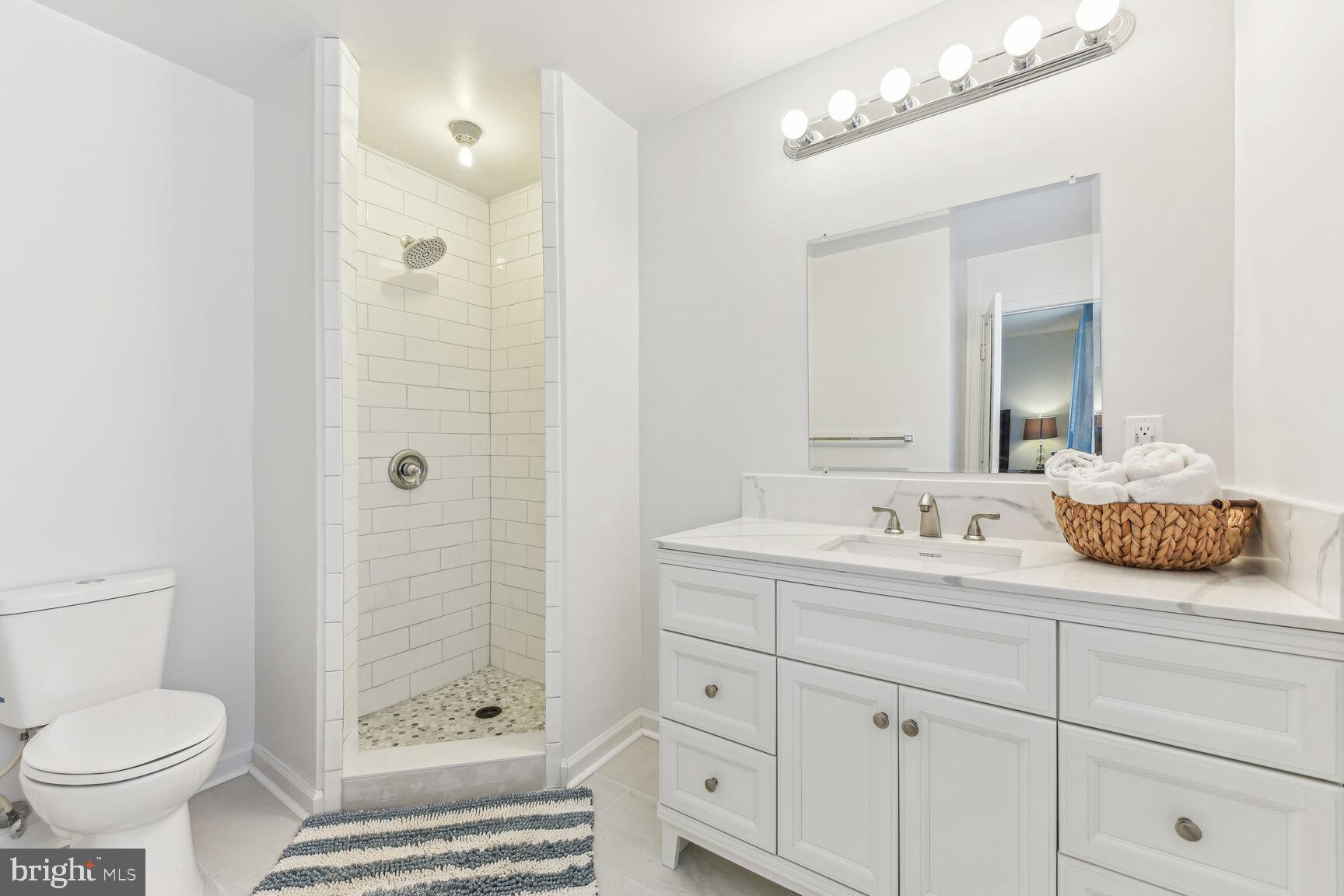 6719 Baron Road McLean, VA 22101 - Photo 16 of 30 a bathroom with a granite countertop sink a toilet a mirror and shower