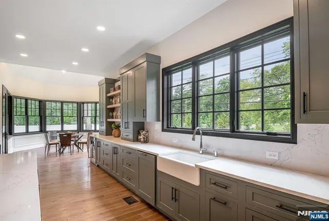 a large kitchen with lots of counter top space