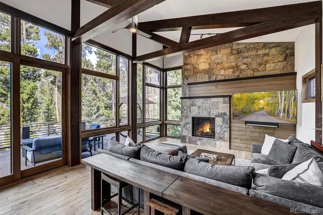 a living room with furniture a fireplace and a floor to ceiling window