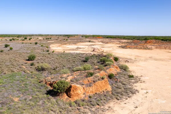 a view of a dry yard with trees in the background