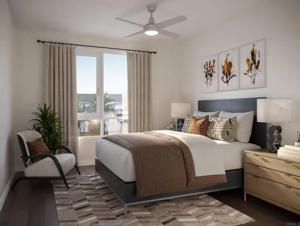 a bedroom with a large bed and a painting on the wall