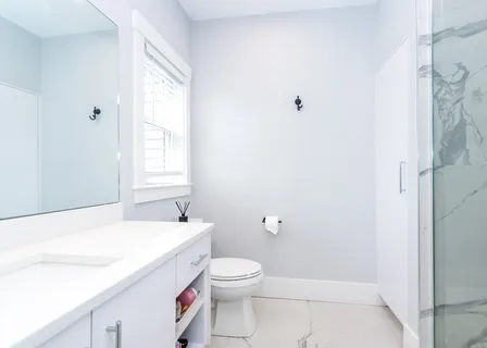 a bathroom with a sink a toilet and window
